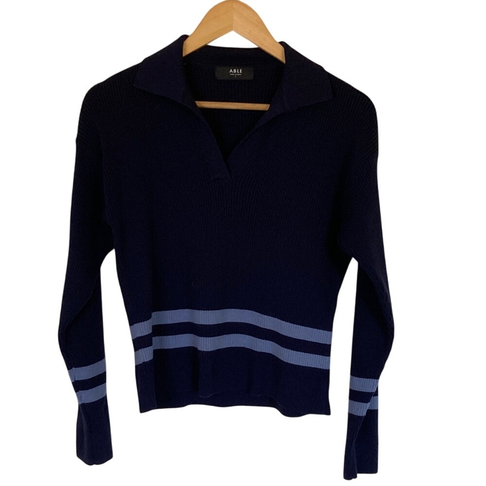Able‎ Women's Dark Blue V-Neck Ribbed Knit Sweater Size Small Short Collar